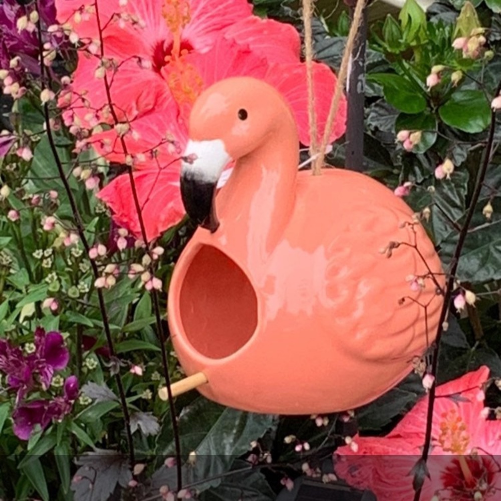 Ceramic Pink Flamingo Bird House